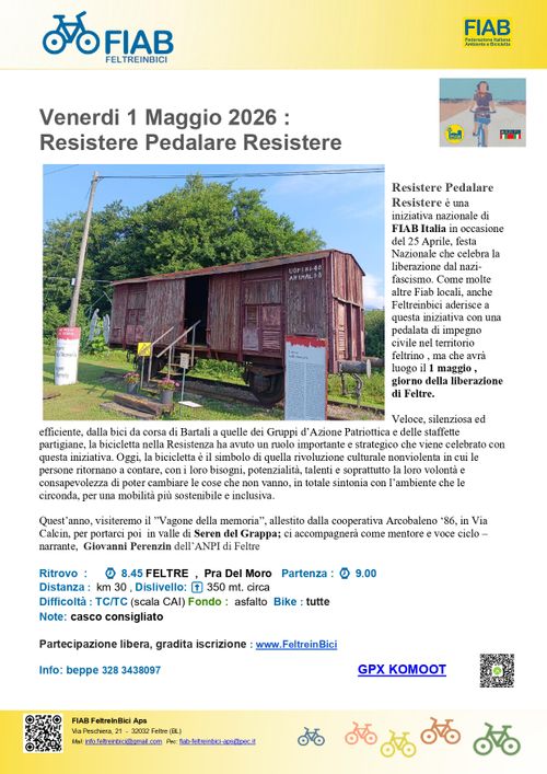 Resistere Pedalare Resistere! Pedalata sui luoghi della Resistenza nel Feltrino con arrivo e pranzo al LoCo